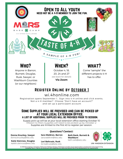 The Taste of 4-H Flyer Virtual Workshops Oct. 4-Oct. 27th
