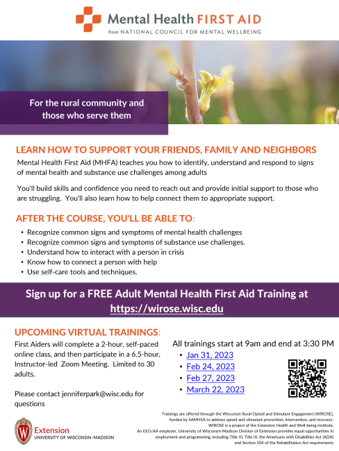 Spring 2023 Mental Health First Aid classes. Learn how to support your friends, family and neighbors.