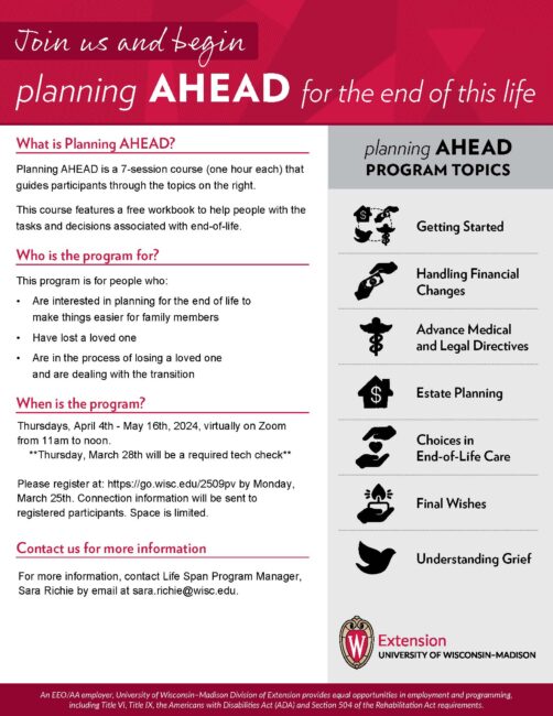 Planning Ahead virtual 7-session course that guides participants through end of life planning. 
