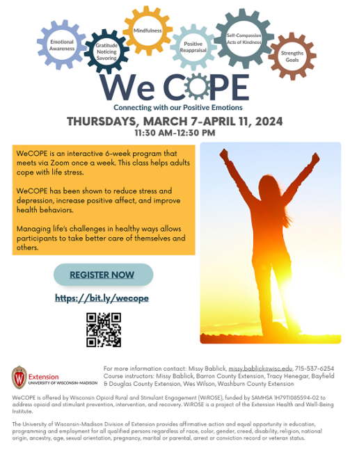 WeCOPE virtual class flyer. Class dates March 7-April 11, 2024, virtual via Zoom. Register at https://bit.ly/wecope