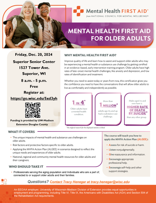 Mental Health First Aid for Older Adults Workshop on December 20, 2024 at the Superior Senior Center